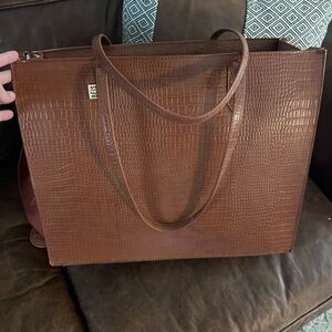 BEIS Brown Laptop Bag with Croc-Embossed Design